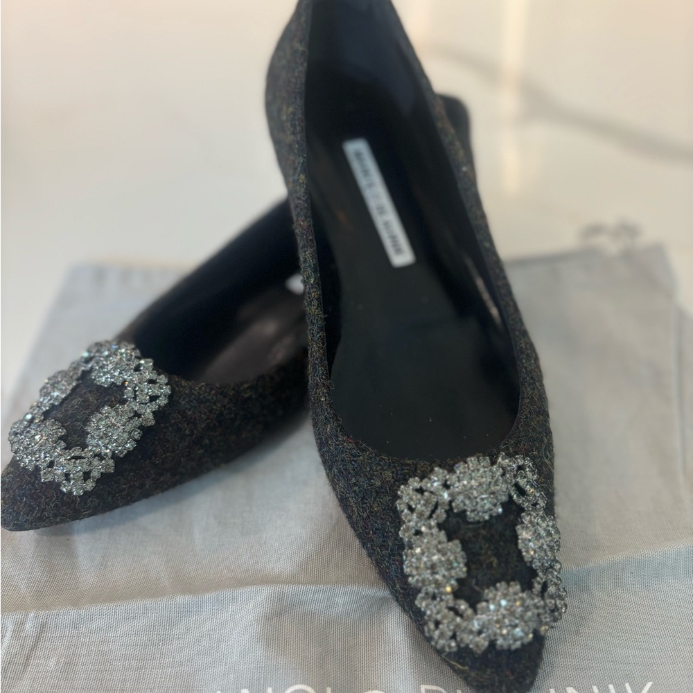 Manolo Blahnik Black Flats with Crystal Embellishment